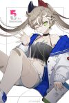  1girl anniversary bandaid bandaid_on_knee bandaid_on_leg bare_shoulders brown_hair camisole candy commentary_request de_lisle_(girls_frontline) earphones earphones food girls_frontline green_eyes hair_ornament halterneck highres jacket lollipop long_hair messy_hair mole mole_under_eye mouth_hold multicolored_hair nintendo_switch off_shoulder one_eye_closed safety_pin shorts solo stitched_leg stitches twintails two-tone_hair unagi_(nakaelric) white_hair 
