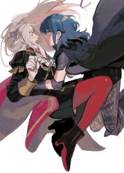  2girls absurdres armlet black_footwear black_pantyhose black_shorts byleth_(female)_(fire_emblem) byleth_(fire_emblem) c4vknggjci51182 capelet clenched_hand closed_mouth coat coat_on_shoulders commentary_request couple edelgard_von_hresvelg elbow_pads fire_emblem fire_emblem:_three_houses floating from_side garreg_mach_monastery_uniform gloves green_eyes green_hair grey_coat hair_between_eyes hair_flowing_over hand_on_another&#039;s_chin hands_up highres jewelry knees_up light_smile long_hair long_sleeves looking_at_another multiple_girls open_mouth pantyhose parted_bangs puffy_long_sleeves puffy_sleeves red_capelet red_pantyhose shade short_shorts shorts simple_background sweatdrop violet_eyes wavy_hair white_background white_gloves white_hair yuri 