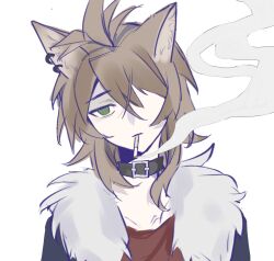  1boy animal_ear_piercing animal_ears black_collar black_jacket chinese_commentary cigarette collar commentary_request fur-trimmed_jacket fur_trim green_eyes hair_between_eyes isoi_reiji jacket kemonomimi_mode male_focus medium_hair open_clothes open_jacket portrait red_shirt saibou_shinkyoku shirt smoke smoking solo wolf_boy wolf_ears yaya_(xinjinjumin506199137989) 