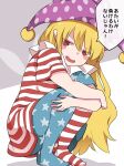  1girl american_flag_dress american_flag_legwear blonde_hair blush_stickers clownpiece commentary_request dress fairy_wings hammer_(sunset_beach) hat highres jester_cap long_hair looking_at_viewer neck_ruff pantyhose pointy_ears polka_dot purple_headwear red_eyes short_sleeves smug solo squatting star_(symbol) star_print striped touhou translation_request very_long_hair wings 