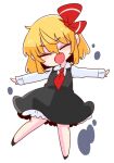  ascot black_skirt blonde_hair blouse bow bowtie cravat dress_shirt hair_bow hair_ribbon highres long_sleeves necktie op_na_yarou outstretched_arms red_bow red_eyes red_neckwear red_ribbon ribbon rumia shirt short_hair skirt skirt_set spread_arms touhou vest white_blouse white_shirt wing_collar 
