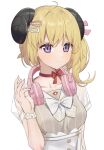  1girl animal_ears asymmetrical_hair blonde_hair blush bow bowtie breasts choker closed_mouth collarbone commentary dress eyebrows_visible_through_hair flower_bracelet grey_dress hair_between_eyes hair_ornament hair_ribbon hairclip headphones headphones_around_neck hololive horns medium_breasts medium_hair official_alternate_costume pink_ribbon red_choker ribbon see-through_sleeves sheep_ears sheep_girl sheep_horns side_ponytail simple_background smile solo striped syhan symbol_commentary tsunomaki_watame upper_body vertical_stripes violet_eyes virtual_youtuber white_background white_bow white_neckwear 