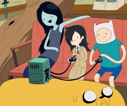  2boys 2girls adventure_time bags_under_eyes black_hair colored_skin commentary controller couch crossover fangs finn_the_human game_controller grey_skin highres jake_the_dog kuroki_tomoko marceline_abadeer multiple_boys multiple_girls pencilman_draws playing_games sitting sword toon_(style) twitter_username watashi_ga_motenai_no_wa_dou_kangaetemo_omaera_ga_warui! weapon 