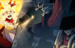  1boy 1girl arm_blade battle black_hair blonde_hair bodysuit breasts cockpit crossover gloves glowing glowing_eyes glowing_hair hair_ornament hairclip headgear highres kabuto_kouji mazinger_(series) mazinger_zero_(mecha) mecha mecha_focus mecha_pilot_suit medium_breasts open_mouth orange_bodysuit orange_eyes pilder pilot_suit robot senki_zesshou_symphogear shin_mazinger_zero shiwo_(shiwoart) short_hair sideburns smile super_robot symphogear_pendant tachibana_hibiki_(symphogear) weapon yellow_eyes yellow_light 