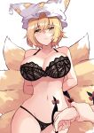  arms_behind_back bangs bare_arms bare_shoulders black_bra black_panties blonde_hair blush bra breasts commentary cowboy_shot deetamu eyebrows_visible_through_hair female_pov fox_girl fox_tail frown gap_(touhou) hair_between_eyes hat highres kyuubi large_breasts looking_at_viewer multiple_tails navel panties pillow_hat pov pov_hands short_hair solo_focus stomach tail touhou underwear underwear_only wrist_grab yakumo_ran yellow_eyes 