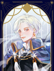  1boy black_jacket blue_coat closed_mouth coat collared_coat commentary earrings highres jacket jewelry light_smile male_focus mazuya69 pierre_tempete_de_neige shirt short_hair solo sugar_sugar_rune upper_body white_eyes white_hair white_shirt 