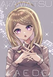  1girl :o ahoge akamatsu_kaede blonde_hair breasts danganronpa_(series) danganronpa_v3:_killing_harmony grey_background grey_shirt hair_ornament interlocked_fingers large_breasts long_hair long_sleeves looking_at_viewer mikao_(eanv5385) musical_note musical_note_hair_ornament pink_eyes shirt solo upper_body 