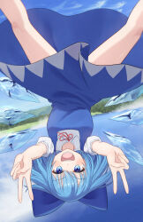  1girl absurdres beckody blue_bow blue_dress blue_eyes blue_hair blue_sky blush bow cirno commentary_request day detached_wings double_v dress hair_bow highres ice ice_wings lake looking_at_viewer neck_ribbon open_mouth pinafore_dress puffy_short_sleeves puffy_sleeves red_ribbon ribbon short_sleeves sky sleeveless sleeveless_dress smile solo touhou upside-down v water wings 