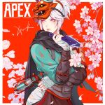  1girl apex_legends bandaged_hands bandages blue_eyes brown_skirt cherry_blossoms chinese_commentary crypto_tefuir flower gun head_tilt holding holding_gun holding_knife holding_weapon japanese_clothes knife kunai mask mask_on_head obi official_alternate_costume oni_mask pink_flower revolver sash skirt solo weapon white_hair wraith_(apex_legends) 