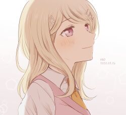  1girl akamatsu_kaede blonde_hair closed_mouth collared_shirt commentary danganronpa_(series) danganronpa_v3:_killing_harmony dated eyelashes gradient_background hair_ornament happy_birthday hashtag-only_commentary highres ichi_1123 light_blush long_hair looking_ahead musical_note musical_note_hair_ornament necktie orange_necktie pink_vest shirt smile solo upper_body v-neck vest violet_eyes white_background white_shirt 