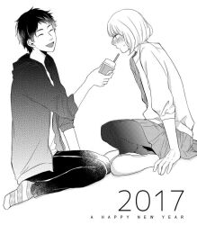  1boy 1girl 2017 blush closed_eyes commentary_request cup disposable_cup greyscale happy_new_year holding holding_cup hood hoodie indian_style kuji_akira monochrome ninomiya_makoto_(otonari_complex) nonomura_saku open_mouth otoko_no_ko otonari_complex pantyhose pleated_skirt reverse_trap short_hair sitting skirt slippers smile socks striped_clothes striped_socks sweatdrop wariza 