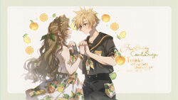  1boy 1girl aerith_gainsborough aerith_gainsborough_(citric_dress) armlet black_sailor_collar black_shirt blonde_hair blue_eyes blush border bracelet breasts brown_hair buttons character_name closed_eyes cloud_strife cloud_strife_(maritime_sailor) couple double-breasted dress earrings final_fantasy final_fantasy_vii final_fantasy_vii_ever_crisis food food-themed_earrings fruit green_ribbon grey_border hair_between_eyes hair_ribbon half_updo happy_birthday hetero highres holding_hands interlocked_fingers jewelry kieta lemon lime_(fruit) long_hair looking_at_another medium_breasts neckerchief official_alternate_costume open_mouth orange-shaped_earrings orange-shaped_ornament orange_(fruit) orange_neckerchief orange_print parted_bangs print_dress ribbon sailor_collar shirt short_hair short_sleeves sidelocks smile sparkle spiky_hair strapless strapless_dress upper_body wavy_hair white_background 