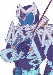  1boy absurdres belt bodysuit clenched_hand commentary_request driver_(kamen_rider) fighting_stance full_body gauntlets goggles highres holding holding_weapon kamen_rider kamen_rider_kiva_(series) kamen_rider_saga looking_at_viewer male_focus mori_(enignuma797) outside_border rider_belt solo stained_glass sword upper_body vampire weapon white_background 