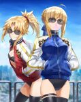  2girls ahoge artoria_pendragon_(all) bangs blonde_hair blue_ribbon blue_sky braid breasts bubble_blowing chewing_gum choker fate/apocrypha fate/stay_night fate_(series) french_braid green_eyes hair_bun hair_ornament hair_ribbon hair_scrunchie hands_in_pockets highres jacket long_hair looking_at_viewer mordred_(fate) mordred_(fate)_(all) multiple_girls parted_bangs ponytail ribbon saber scrunchie sidelocks sky small_breasts sunglasses thigh-highs thighs tonee 