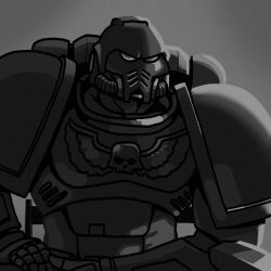  1boy adeptus_astartes armor chair commentary english_commentary gigachad_(meme) greyscale jazz_jack meme monochrome on_chair power_armor simple_background sitting solo ultramarines warhammer_40k 
