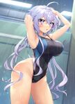  1girl ahoge black_swimsuit breasts commentary_request competition_swimsuit covered_navel cowboy_shot highleg highleg_swimsuit highres large_breasts light_purple_hair one-piece_swimsuit senki_zesshou_symphogear showering solo standing swimsuit violet_eyes wada_chiyon yukine_chris 