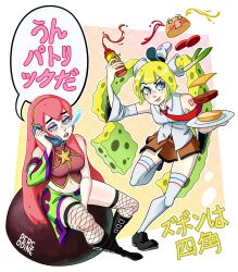 2girls artist_name black_footwear blonde_hair blue_eyes boots bottle brown_skirt cheese collared_shirt detached_sleeves eyeshadow fishnet_thighhighs fishnets food fusion green_skirt green_sleeves hat hatsune_miku highres holding holding_bottle holding_phone holding_plate humanization ketchup_bottle knee_boots long_hair makeup midriff miniskirt multiple_girls navel necktie nose_bubble patrick_star percodine phone pink_hair pink_shirt plate purple_eyeshadow purple_skirt purple_sleeves red_necktie shirt shoes single_sleeve sitting skirt sleeveless sleeveless_shirt speech_bubble spongebob_squarepants spongebob_squarepants_(character) spongebob_squarepants_(series) spring_onion standing thigh-highs tomato tomato_slice tongue tongue_out translation_request two-tone_skirt two-tone_sleeves vocaloid white_shirt white_sleeves white_thighhighs