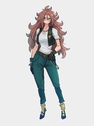  1girl android_18 android_18_(cosplay) android_21 belt black_gloves blue_eyes blue_pants bracelet breasts brown_belt commentary_request cosplay dragon_ball dragon_ball_fighterz dragon_ball_z full_body glasses gloves grey_background hair_between_eyes jewelry kemachiku looking_at_viewer medium_breasts necklace pants redhead shirt short_sleeves simple_background solo white_shirt 