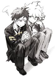  2boys absurdres ahoge arrow_(symbol) can collared_shirt danganronpa_(series) danganronpa_2:_goodbye_despair greyscale hair_between_eyes highres hinata_hajime holding holding_can jacket komaeda_nagito long_sleeves male_focus messy_hair monochrome multiple_boys necktie pants r9rpd shirt shoes simple_background sitting smile spiky_hair squiggle sweat translation_request 