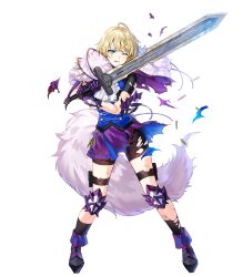  1girl black_gloves blonde_hair blue_eyes fake_tail fire_emblem fire_emblem_engage fire_emblem_heroes gloves highres knee_guards merrin_(fire_emblem) non-web_source pelt purple_footwear purple_skirt short_hair shorts shorts_under_skirt skirt solo tail wolf_pelt wolf_tail 