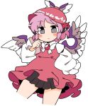  1girl animal_ears bangs bird_ears bird_wings brown_dress brown_headwear character_name closed_mouth cropped_legs dress earrings grey_eyes ini_(inunabe00) jewelry long_sleeves mystia_lorelei pink_hair short_hair simple_background single_earring solo touhou white_background white_wings winged_hat wings 