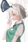  1girl 258n black_bow black_hairband black_neckwear black_ribbon bob_cut bow bowtie breasts closed_eyes collared_shirt green_vest hair_ribbon hairband highres hitodama_print konpaku_youmu ribbon shirt short_hair short_sleeves silver_hair skirt skirt_set small_breasts touhou vest white_shirt yawning 