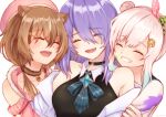  3girls absurdres airani_iofifteen animal_ears ayunda_risu bare_shoulders blush brown_hair everyone grin highres hololive hololive_indonesia moona_hoshinova multiple_girls open_mouth purple_hair shtooru simple_background smile squirrel_ears tearing_up upper_body virtual_youtuber white_background white_hair 