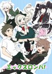  2girls 3boys :d bangs black_bow black_hair black_jacket black_pants black_skirt blue_background blush bow braid brown_eyes brown_hair brown_hoodie celestia_ludenberg collared_shirt dangan_ronpa:_trigger_happy_havoc dangan_ronpa_(series) dangan_ronpa_2:_goodbye_despair diaper ear_bow floating_hair frilled_skirt frills green_jacket grey_hair hand_in_pocket hands_up hinata_hajime hood hood_down hoodie jacket komaeda_nagito layered_skirt long_hair long_sleeves looking_at_viewer monokuma monomi_(dangan_ronpa) multiple_boys multiple_girls naegi_makoto nanasaki necktie open_mouth pale_skin pants red_neckwear shirt short_hair skirt smile sonia_nevermind striped striped_background torn_jacket translation_request white_background white_shirt 