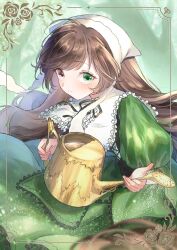 1girl blush brown_hair dress flower green_dress green_eyes head_scarf heterochromia highres holding holding_watering_can long_hair looking_at_viewer red_eyes rose rozen_maiden shima7_c smile solo suiseiseki watering_can 