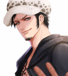  1boy black_hair chest_tattoo closed_mouth commentary_request earrings english_commentary facial_hair fur_hat goatee grey_eyes hat highres jewelry long_sideburns looking_at_viewer male_focus mixed-language_commentary miyoko_0509 one_piece open_clothes short_hair sideburns simple_background smile solo tattoo trafalgar_law white_background 