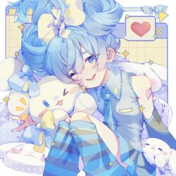  1girl :3 aeriselle arm_tattoo artist_name blue_bow blue_eyes blue_hair blue_nails blue_necktie blush_stickers border bow cinnamiku collared_shirt cursor detached_sleeves english_commentary fuwa_fuwa_cinnamoroll grey_shirt hair_bow hatsune_miku heart highres leg_warmers long_hair looking_at_viewer necktie number_tattoo open_mouth pillow pleated_skirt ribbon sanrio shirt sitting skirt sleeveless sleeveless_shirt smile spoken_heart star_(symbol) striped_leg_warmers striped_ribbon tattoo tie_clip updo v vocaloid white_border yellow_bow 