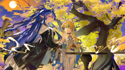  2girls 9_vcat alternate_hair_color arknights bare_shoulders black_jacket blonde_hair blue_hair chinese_commentary choko_(cup) closed_mouth collarbone colored_extremities commentary_request cup earrings eyeliner food grey_eyes hair_between_eyes hair_intakes highres holding jacket jewelry ling_(arknights) long_hair long_sleeves looking_at_another looking_to_the_side makeup multicolored_hair multiple_girls necklace off_shoulder orange_eyeliner pants pink_eyes pink_hair plant pointy_ears purple_hair shu_(arknights) siblings sisters smile smoke standing strapless streaked_hair sun tree tube_top turning_head two-tone_hair uroko_(pattern) very_long_hair white_jacket white_pants white_tube_top 