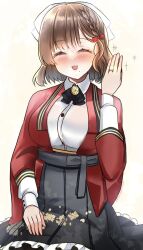  1girl asahi_(kancolle) black_hakama braid breasts brown_hair closed_eyes coat collared_shirt dress_shirt hair_ribbon hakama hakama_skirt highres japanese_clothes jewelry kantai_collection large_breasts long_sleeves mole mole_under_mouth one-hour_drawing_challenge poyo_teitoku red_coat ribbon ring shirt short_hair simple_background single_braid sitting skirt smile solo wedding_ring white_background white_ribbon white_shirt 