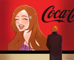  1boy 1girl absurdres alternate_costume artist_name bare_shoulders bleach blush closed_eyes coca-cola commentary english_commentary hair_ornament hands_in_pockets highres inoue_orihime kurosaki_ichigo lips lipstick long_hair long_sleeves luvlyroseve makeup meme open_mouth orange_hair red_lips short_hair smile spiky_hair standing teeth twitter_username veil_(manga) veil_scene_14_redraw_(meme) 