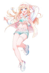  1girl backwards_hat baseball_cap blonde_hair blue_eyes braid full_body hat headphones headphones_around_neck hololive jacket kazama_iroha kazama_iroha_(street) long_hair midriff mikami_nacaba navel pink_jacket shoes shorts sneakers thigh_strap twin_braids virtual_youtuber white_background 