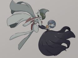  alternate_color arm_blade black_dress black_gloves blue_hair bob_cut cape colored_skin dress elbow_gloves from_side gallade gardevoir gloves green_hair grey_background hands_on_another&#039;s_waist highres mega_gallade mega_gardevoir mega_pokemon orange_eyes pokemon pokemon_(creature) shiny_pokemon simple_background smile strapless strapless_dress weapon white_cape white_skin yaki_obake 