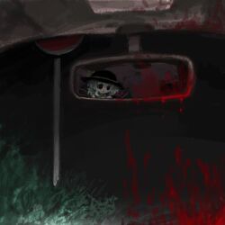  1girl black_eyes black_hat blood blood_on_mirror car grass green_hair hat heart heripantomorrow komeiji_koishi looking_at_viewer motor_vehicle night road_sign sign smile stop_sign touhou wide_brim 