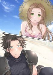  1boy 1girl aerith_gainsborough aerith_gainsborough_(sunny_robe) aqua_eyes armor bare_shoulders beach bikini black_gloves black_hair blue_pants blue_shirt blush breasts brown_hair commentary_request couple final_fantasy final_fantasy_vii final_fantasy_vii_ever_crisis gloves green_eyes hair_slicked_back hat highres long_hair looking_at_viewer medium_breasts nalu official_alternate_costume open_mouth pants parted_bangs parted_lips pink_bikini shirt short_hair shoulder_armor sidelocks sleeveless sleeveless_turtleneck smile straw_hat sun_hat suspenders sweatdrop swimsuit turtleneck twitter_username upper_body wavy_hair wide-eyed zack_fair 