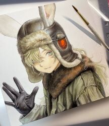  1girl animal_ears art_tools_in_frame black_gloves blonde_hair brown_hat commentary gloves hair_over_one_eye hand_up hat highres hotateyuki long_hair long_sleeves looking_at_viewer original photo_(medium) rabbit_ears symbol-only_commentary traditional_media 