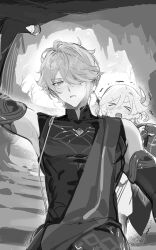  &gt;_&lt; 2boys alhaitham_(genshin_impact) armpits blush breath chest_jewel commentary_request detached_sleeves genshin_impact greyscale hair_between_eyes hair_over_one_eye half-closed_eyes highres kaveh_(genshin_impact) looking_at_viewer male_focus monochrome multiple_boys one_eye_covered outdoors parted_lips short_hair sleeveless steam torotto_(lbdc4a) v-shaped_eyebrows very_short_hair 