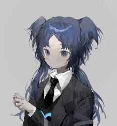  1girl black_jacket black_necktie black_vest blue_hair chinese_commentary collared_shirt commentary_request e.g.o_(project_moon) employee_(project_moon) grey_background grey_eyes highres jacket lobotomy_corporation long_hair long_sleeves necktie open_clothes open_jacket parted_bangs project_moon quad_tails shirt simple_background solo sound_of_a_star_(e.g.o) upper_body vest vihua6 white_shirt 