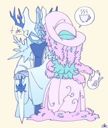  2girls alriune blue_dress blue_feathers blue_skin coat colored_skin crown dress extra_arms feathers flower force_(4sk_force) full_body holding holding_sword holding_teapot holding_weapon horns ice lobotomy_corporation long_sleeves multiple_girls open_mouth pink_dress pink_flower project_moon simple_background smile snow_queen_(project_moon) speech_bubble sword teapot weapon white_background white_coat wide_sleeves 