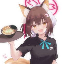  1girl :d animal_ear_fluff animal_ears black_shirt blue_archive bowl brown_eyes brown_hair extra_ears food fox_ears fox_girl fox_tail halo head_scarf highres izuna_(blue_archive) looking_at_viewer name_tag noodles open_mouth ramen s_sequentia serving shirt short_hair short_sleeves smile tail tray white_head_scarf 
