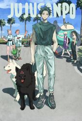  closed_mouth commentary_request dog full_body fushiguro_megumi gyokuken hair_bun hands_in_pockets hat highres itadori_yuuji jujutsu_kaisen kugisaki_nobara looking_at_viewer outdoors panda pants ponytail red_hat shirt shoes short_hair sidelocks sleeveless sleeveless_shirt sneakers takeuchi_ryousuke tongue tongue_out turtleneck twintails white_hair white_pants wolf 