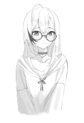  1girl ahoge black_choker choker crossed_bangs glasses greyscale hair_between_eyes highres hololive hololive_english hood hoodie jewelry looking_at_viewer monochrome multicolored_hair nanashi_mumei nanashi_mumei_(casual) necklace round_eyewear streaked_hair unoimy upper_body virtual_youtuber 