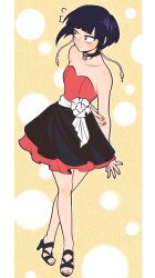 1girl absurdres black_eyes blush boku_no_hero_academia choker commission commissioner_upload dress embarrassed high_heels highres jeff_miga jirou_kyouka long_earlobes multicolored_clothes multicolored_dress nail_polish pink_nails sandals toenail_polish toenails yellow_background 