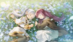  2girls absurdres artist_name belt belt_buckle black_cloak black_footwear black_pantyhose blunt_bangs boots brown_footwear buckle capelet cloak closed_eyes closed_mouth commentary_request dress earrings elf fern_(sousou_no_frieren) field flower flower_field frieren gold_trim guzangnanfeng hair_ornament half_updo highres holding holding_flower hood hood_down jacket jewelry long_dress long_hair long_sleeves lying multiple_girls on_grass on_ground on_side outdoors pantyhose parted_bangs parted_lips pointy_ears purple_hair shirt skirt sleeping sousou_no_frieren striped_clothes striped_shirt twintails twitter_username very_long_hair white_capelet white_dress white_hair white_jacket white_skirt 