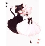  2girls :&lt; :d animal_ear_fluff animal_ears back_bow bangs black_bow black_dress black_hair blue_eyes blush border bow cat_ears cat_tail clenched_hands closed_mouth collared_dress dot_nose dress expressionless frilled_dress frilled_shirt_collar frilled_sleeves frills from_behind from_side full_body grey_background hand_to_own_mouth hands_up heterochromia juliet_sleeves long_sleeves looking_at_viewer looking_back looking_to_the_side multiple_girls neck_ribbon open_mouth original outside_border parted_bangs paw_print puffy_sleeves red_neckwear red_ribbon ribbon short_hair simple_background sitting smile swept_bangs symbol_commentary tail tail_raised tsurime wavy_hair white_border white_dress white_hair yellow_eyes yujup 
