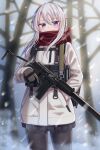  1girl 9a-91 9a-91_(girls_frontline) black_legwear blue_eyes coat cowboy_shot girls_frontline gloves gun hair_between_eyes hand_in_pocket highres holding holding_gun holding_weapon long_hair long_sleeves looking_at_viewer pantyhose pleated_skirt red_scarf scarf silver_hair skirt solo weapon white_coat yakob_labo 