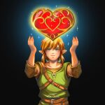  1boy arms_up bangs belt black_background blonde_hair blue_eyes blush brown_belt collarbone earrings gradient gradient_background heart highres jewelry la-sera link looking_up male_focus parted_lips pointy_ears signature smile solo sparkle the_legend_of_zelda upper_body 